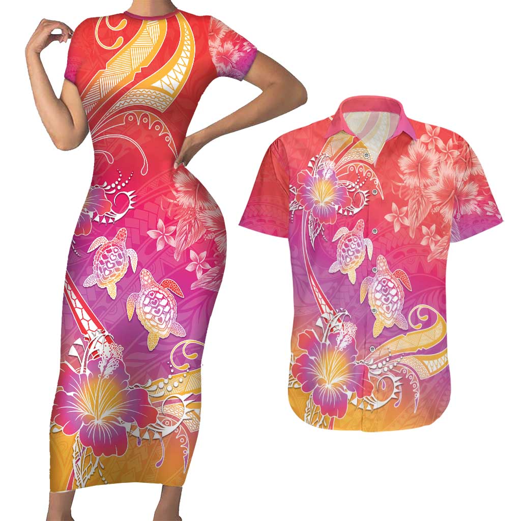 Polynesia Sea Turtle Couple Couples Matching Short Sleeve Bodycon Dress and Hawaiian Shirt One Soul One Love