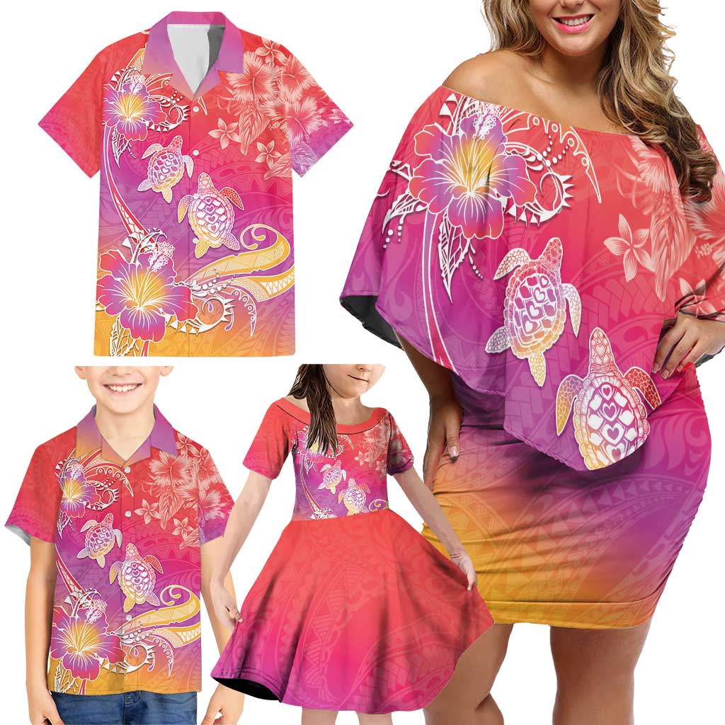 Polynesia Sea Turtle Couple Family Matching Off Shoulder Short Dress and Hawaiian Shirt One Soul One Love