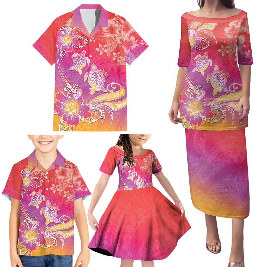 Polynesia Sea Turtle Couple Family Matching Puletasi and Hawaiian Shirt One Soul One Love