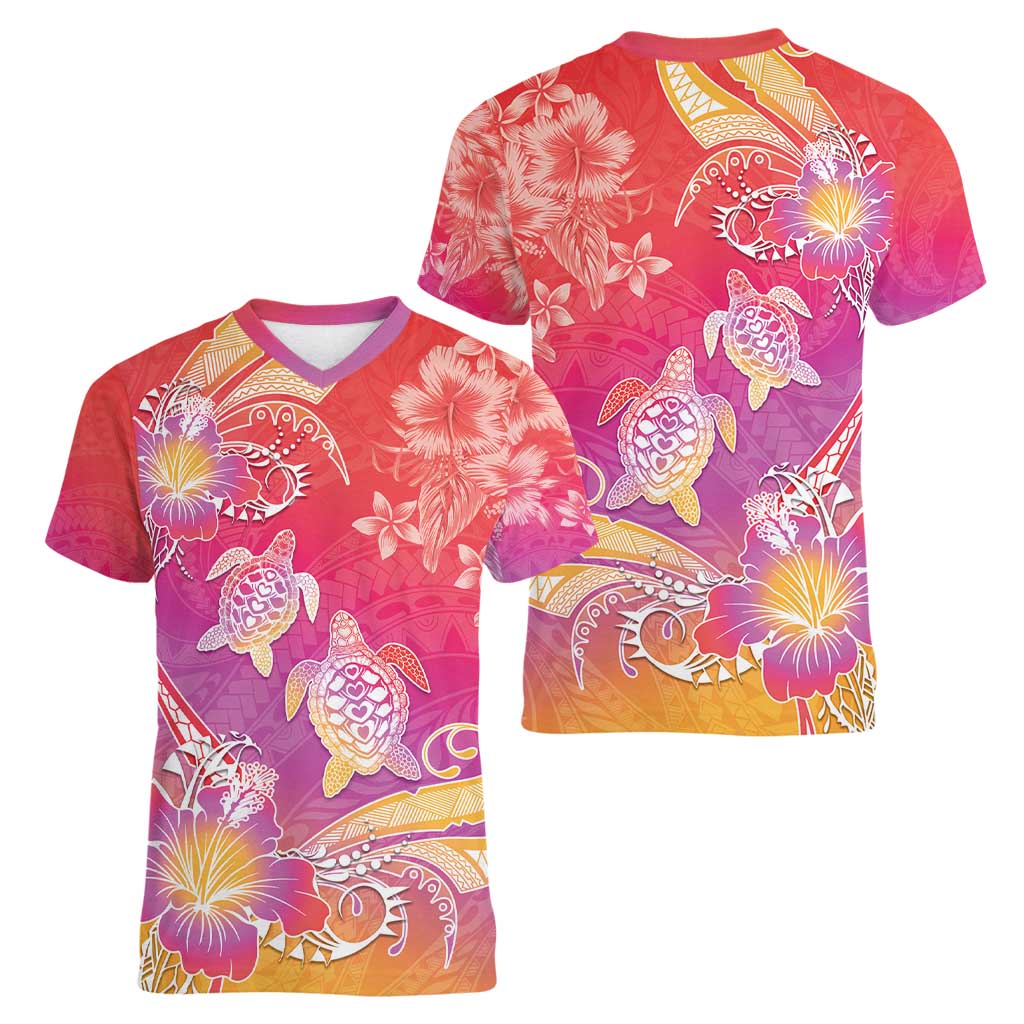 Polynesia Sea Turtle Couple Women V-Neck T-Shirt One Soul One Love