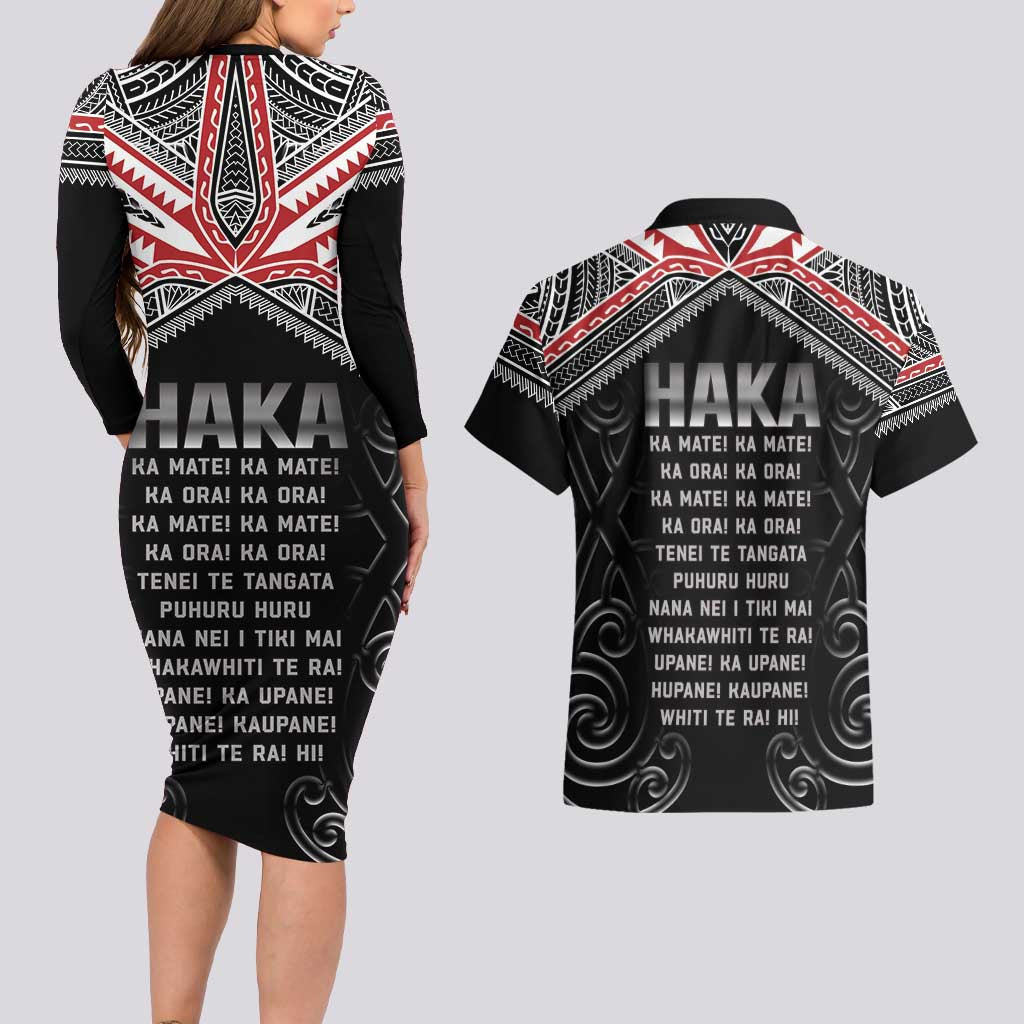 New Zealand Aotearoa Couples Matching Long Sleeve Bodycon Dress and Hawaiian Shirt Traditional Kapa Haka LT05 - Polynesian Pride
