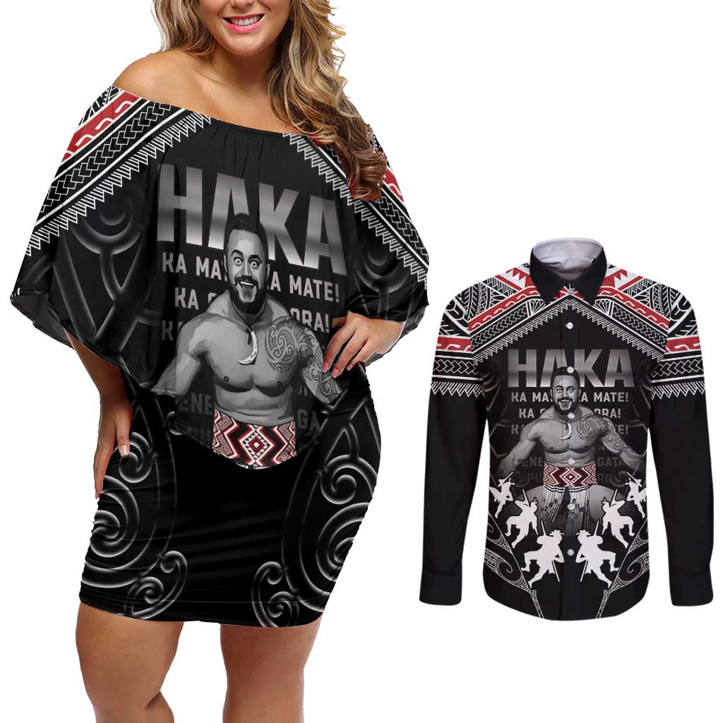New Zealand Aotearoa Couples Matching Off Shoulder Short Dress and Long Sleeve Button Shirt Traditional Kapa Haka LT05 Black - Polynesian Pride
