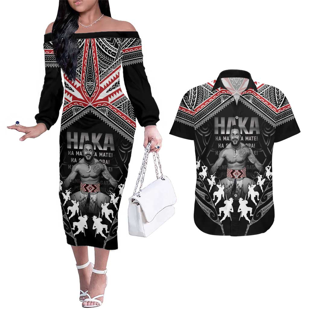 New Zealand Aotearoa Couples Matching Off The Shoulder Long Sleeve Dress and Hawaiian Shirt Traditional Kapa Haka