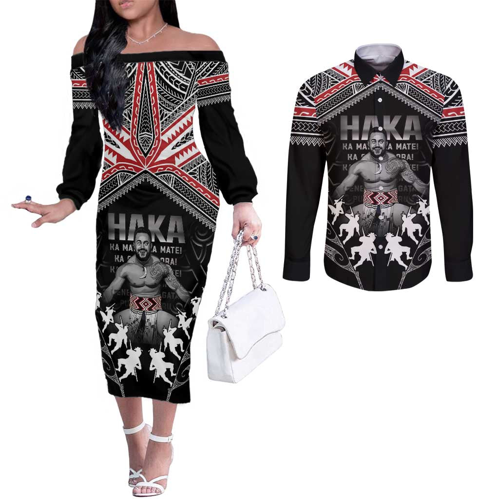 New Zealand Aotearoa Couples Matching Off The Shoulder Long Sleeve Dress and Long Sleeve Button Shirt Traditional Kapa Haka