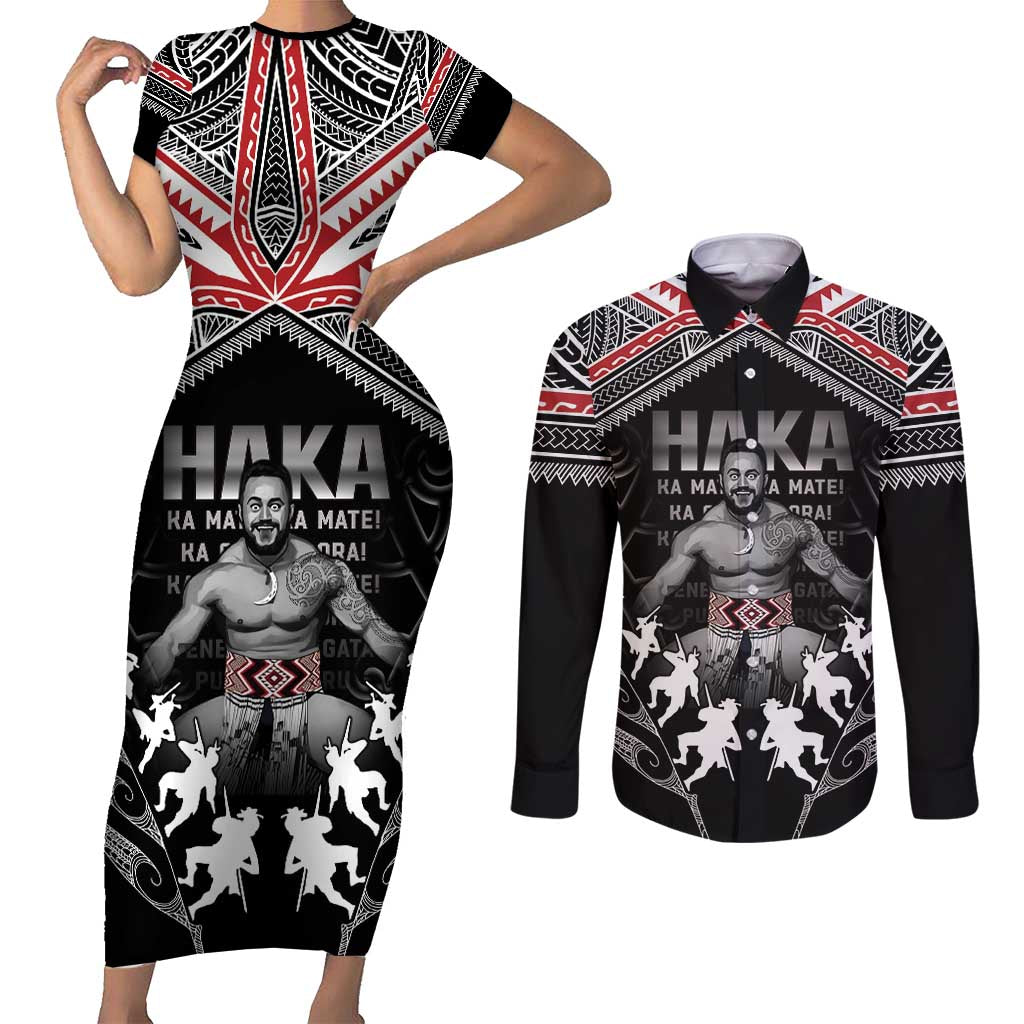New Zealand Aotearoa Couples Matching Short Sleeve Bodycon Dress and Long Sleeve Button Shirt Traditional Kapa Haka