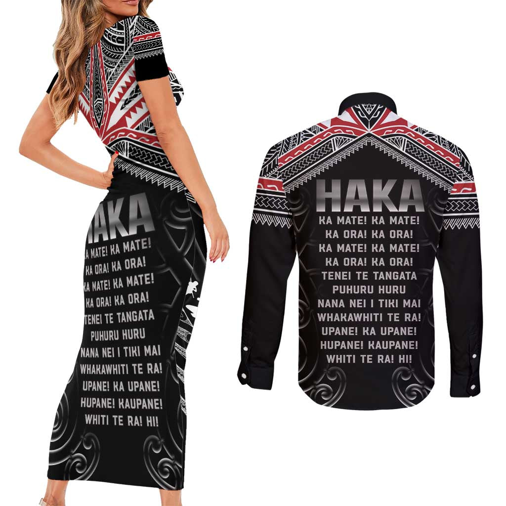 New Zealand Aotearoa Couples Matching Short Sleeve Bodycon Dress and Long Sleeve Button Shirt Traditional Kapa Haka