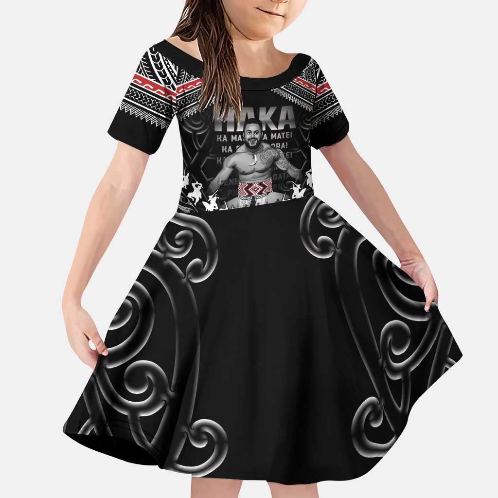 New Zealand Aotearoa Family Matching Puletasi and Hawaiian Shirt Traditional Kapa Haka LT05 Daughter's Dress Black - Polynesian Pride
