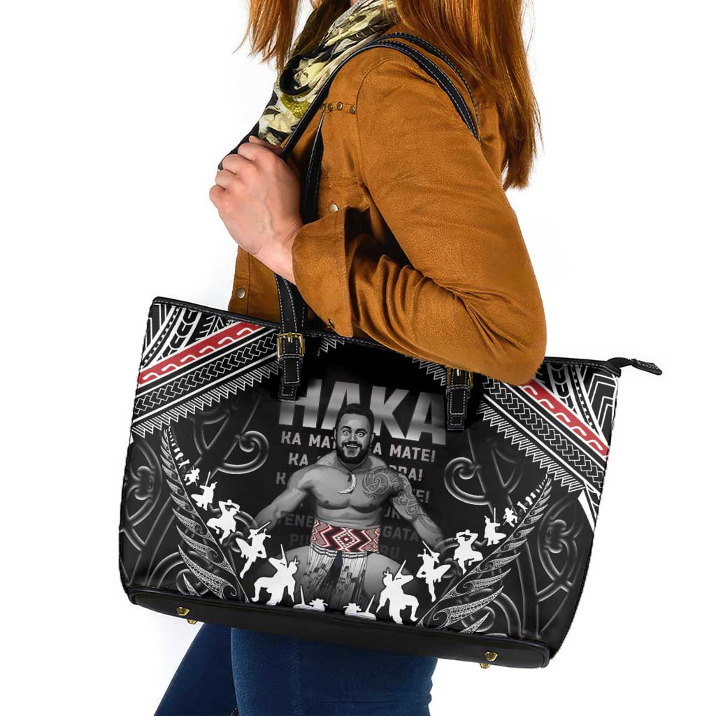 New Zealand Aotearoa Leather Tote Bag Traditional Kapa Haka LT05 Black - Polynesian Pride