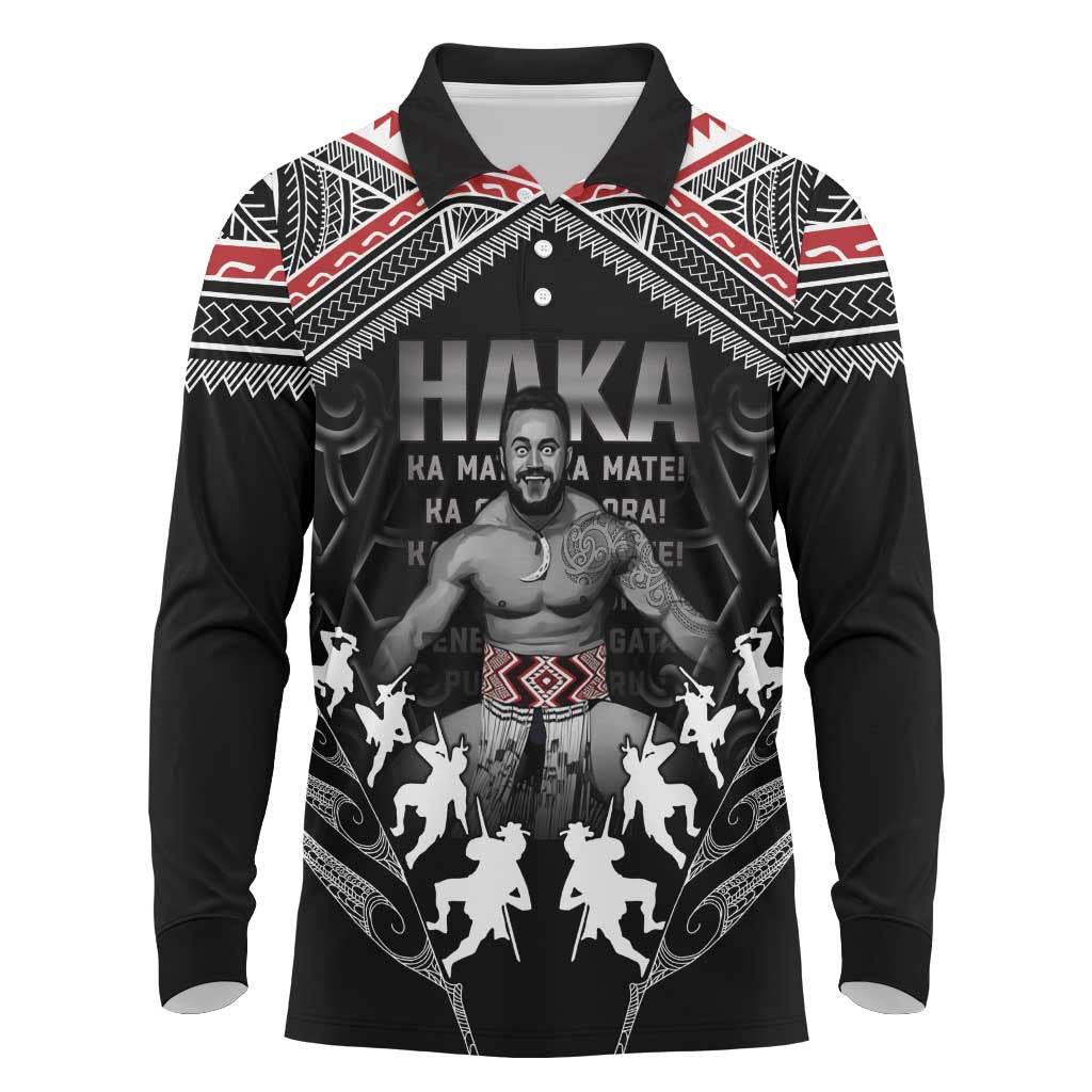New Zealand Aotearoa Long Sleeve Polo Shirt Traditional Kapa Haka LT05 Black - Polynesian Pride
