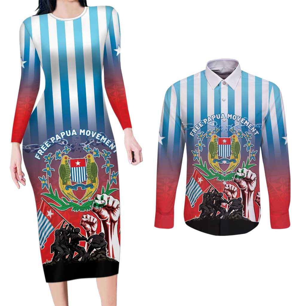 Personalised Free West Papua Couples Matching Long Sleeve Bodycon Dress and Long Sleeve Button Shirt One People One Soul Unique Style LT05 Blue - Polynesian Pride