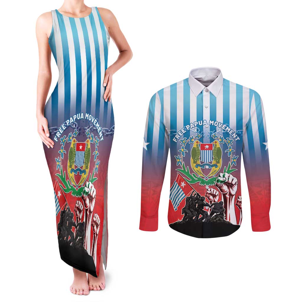 Personalised Free West Papua Couples Matching Tank Maxi Dress and Long Sleeve Button Shirt One People One Soul Unique Style LT05 Blue - Polynesian Pride