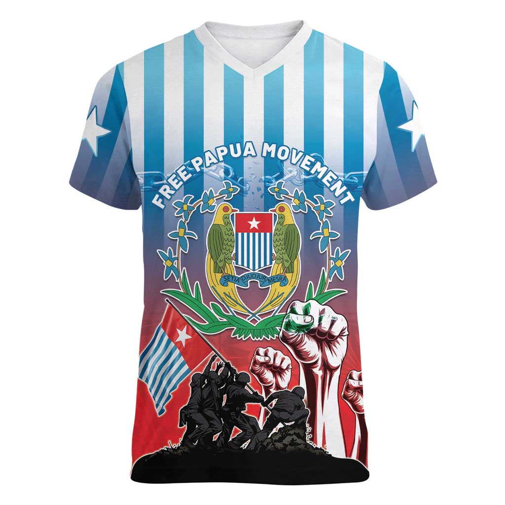 Personalised Free West Papua Women V-Neck T-Shirt One People One Soul Unique Style LT05 Female Blue - Polynesian Pride