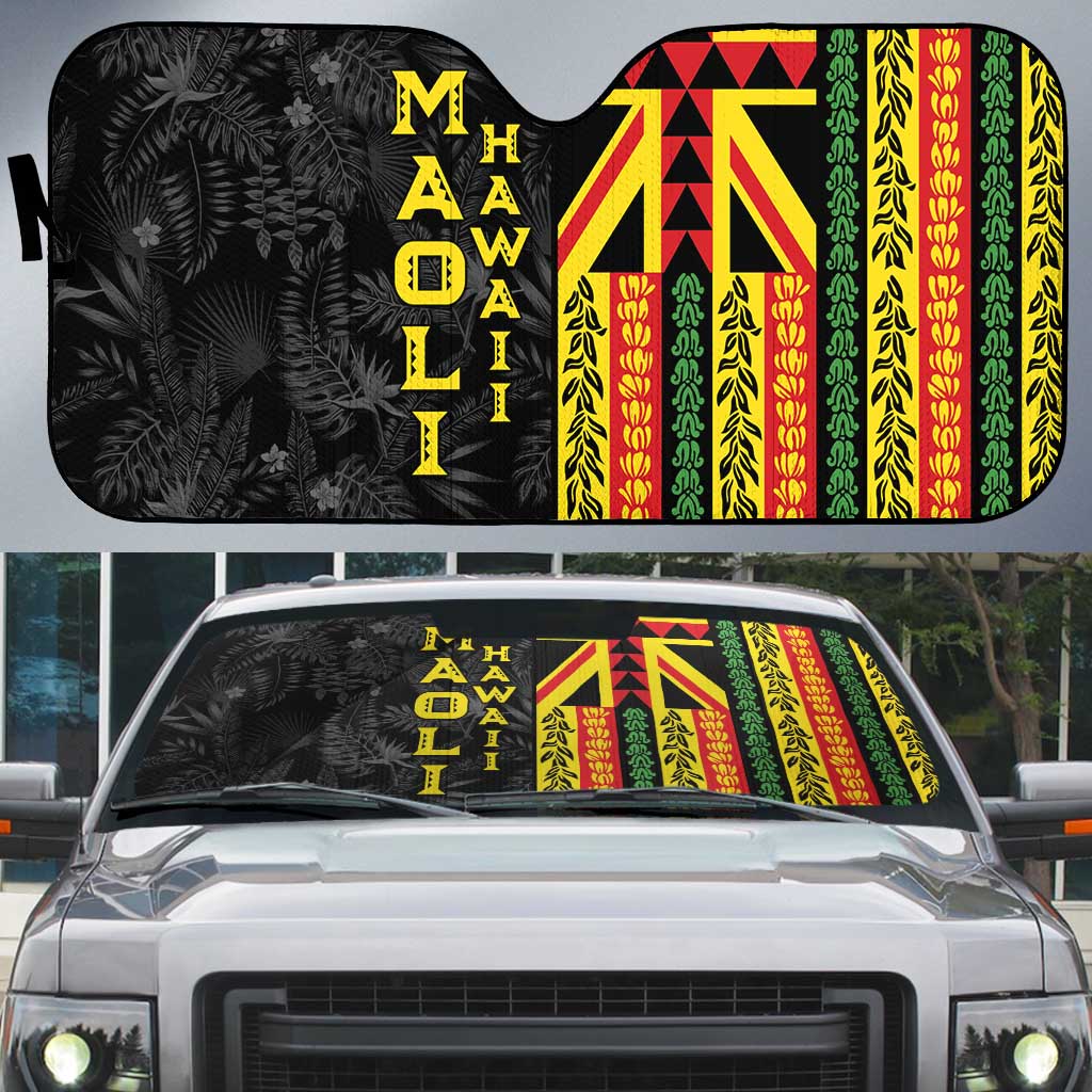 Hawaii Maoli Spirit Auto Sun Shade Kakau Pattern With Flower Lei - Polynesian Pride