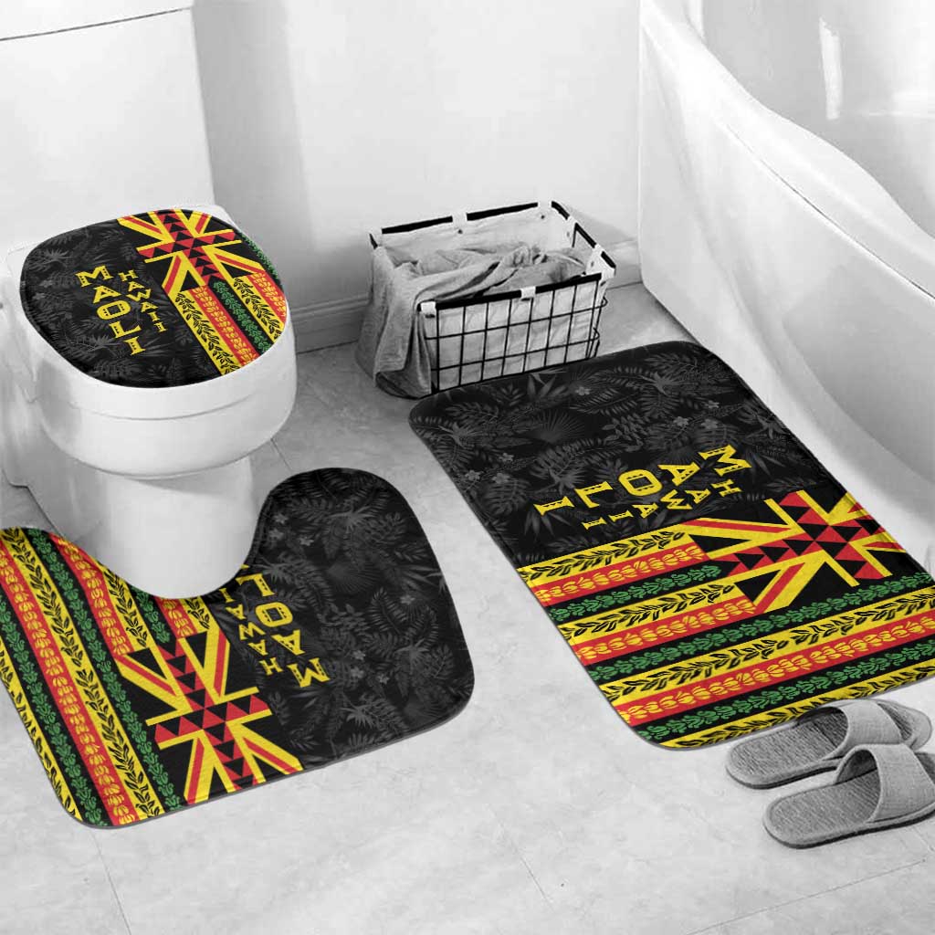 Hawaii Maoli Spirit Bathroom Set Kakau Pattern With Flower Lei LT05 Mat Set Only (3 pcs) One Size Black - Polynesian Pride