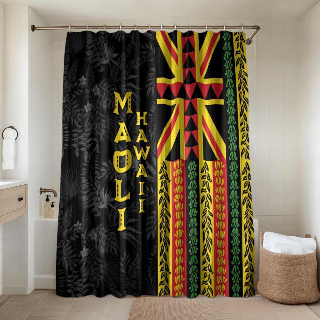 Hawaii Maoli Spirit Bathroom Set Kakau Pattern With Flower Lei LT05 Shower Curtain Only Black - Polynesian Pride