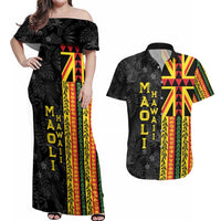 Hawaii Maoli Spirit Couples Matching Off Shoulder Maxi Dress and Hawaiian Shirt Kakau Pattern With Flower Lei LT05 Black - Polynesian Pride
