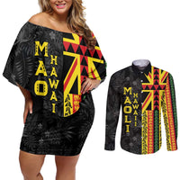 Hawaii Maoli Spirit Couples Matching Off Shoulder Short Dress and Long Sleeve Button Shirt Kakau Pattern With Flower Lei LT05 Black - Polynesian Pride