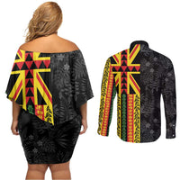 Hawaii Maoli Spirit Couples Matching Off Shoulder Short Dress and Long Sleeve Button Shirt Kakau Pattern With Flower Lei LT05 - Polynesian Pride