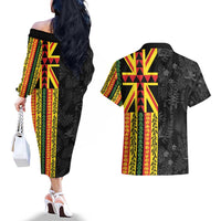Hawaii Maoli Spirit Couples Matching Off The Shoulder Long Sleeve Dress and Hawaiian Shirt Kakau Pattern With Flower Lei - Polynesian Pride