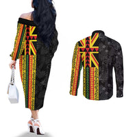 Hawaii Maoli Spirit Couples Matching Off The Shoulder Long Sleeve Dress and Long Sleeve Button Shirt Kakau Pattern With Flower Lei LT05 - Polynesian Pride