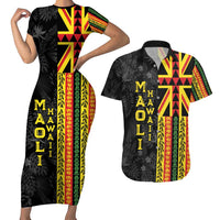 Hawaii Maoli Spirit Couples Matching Short Sleeve Bodycon Dress and Hawaiian Shirt Kakau Pattern With Flower Lei - Polynesian Pride