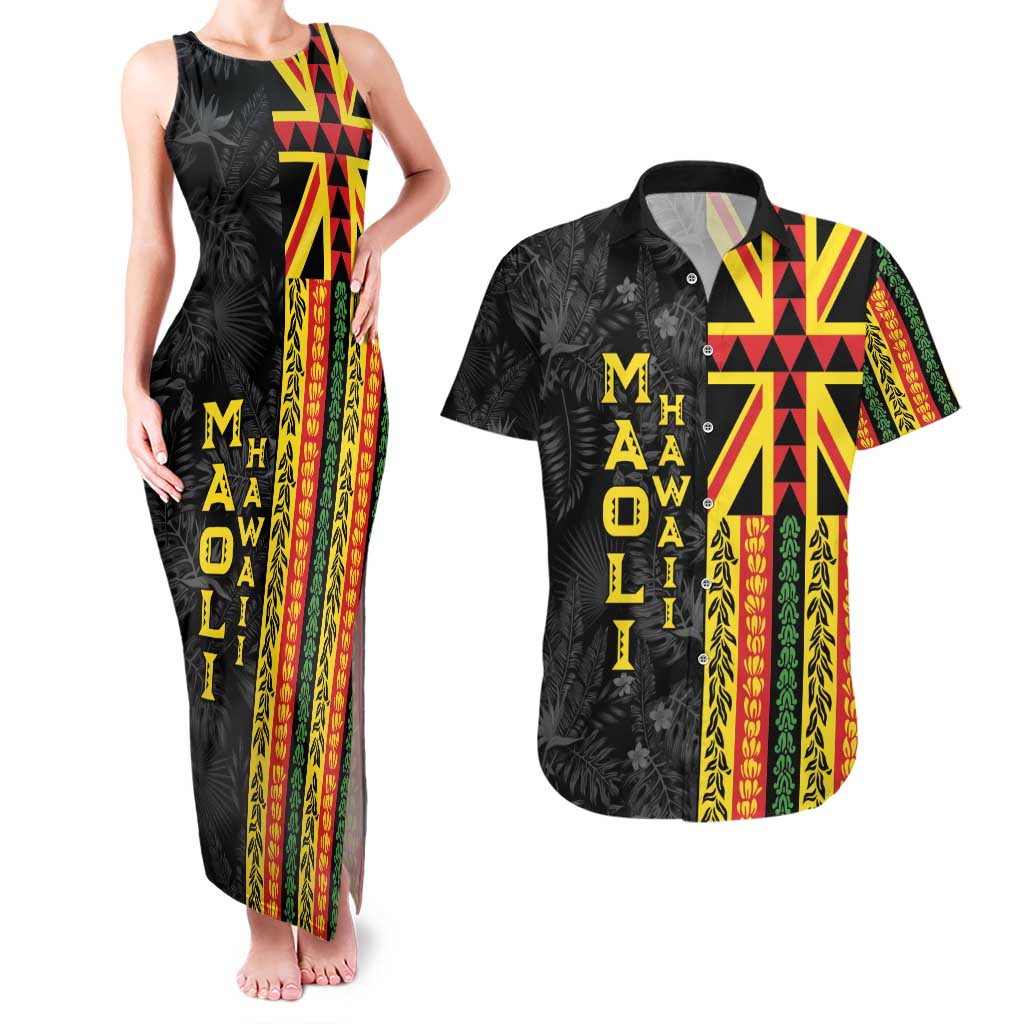 Hawaii Maoli Spirit Couples Matching Tank Maxi Dress and Hawaiian Shirt Kakau Pattern With Flower Lei LT05 Black - Polynesian Pride