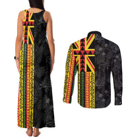 Hawaii Maoli Spirit Couples Matching Tank Maxi Dress and Long Sleeve Button Shirt Kakau Pattern With Flower Lei LT05 - Polynesian Pride