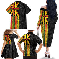 Hawaii Maoli Spirit Family Matching Off The Shoulder Long Sleeve Dress and Hawaiian Shirt Kakau Pattern With Flower Lei LT05 - Polynesian Pride