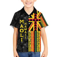 Hawaii Maoli Spirit Family Matching Off The Shoulder Long Sleeve Dress and Hawaiian Shirt Kakau Pattern With Flower Lei LT05 Son's Shirt Black - Polynesian Pride
