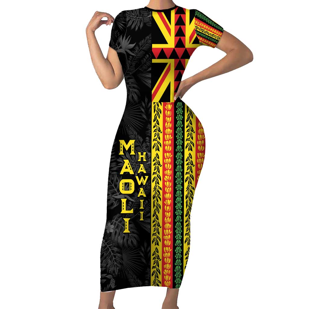 Hawaii Maoli Spirit Family Matching Short Sleeve Bodycon Dress and Hawaiian Shirt Kakau Pattern With Flower Lei LT05 Mom's Dress Black - Polynesian Pride