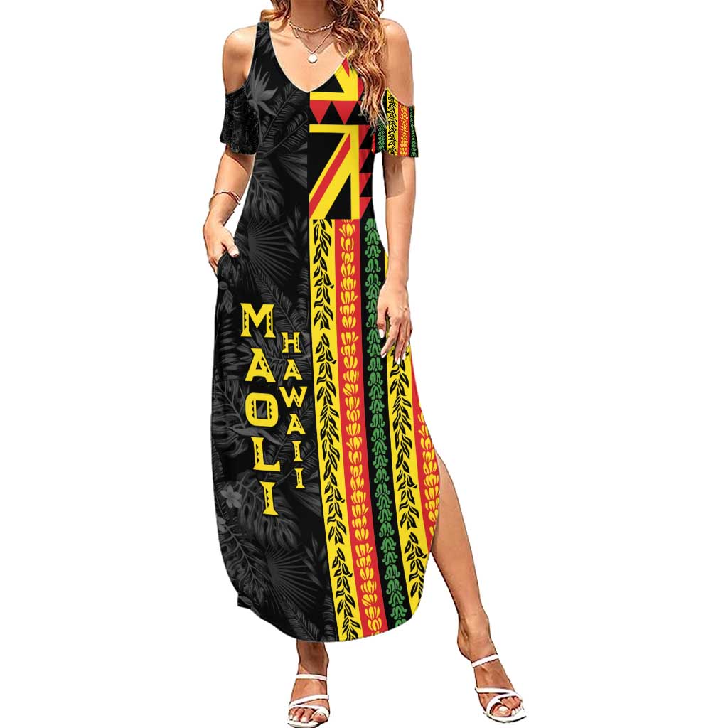 Hawaii Maoli Spirit Family Matching Summer Maxi Dress and Hawaiian Shirt Kakau Pattern With Flower Lei LT05 Mom's Dress Black - Polynesian Pride