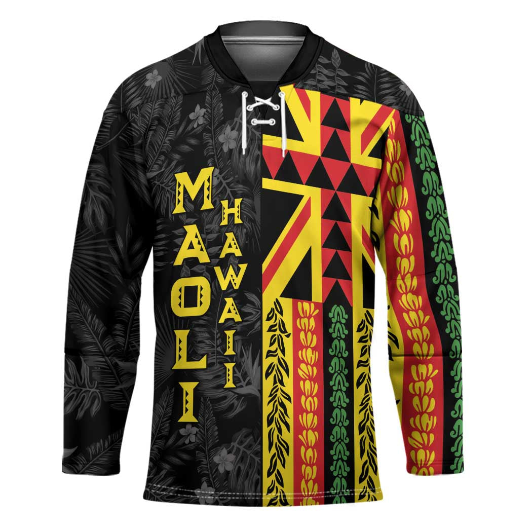 Hawaii Maoli Spirit Hockey Jersey Kakau Pattern With Flower Lei LT05 Unisex Black - Polynesian Pride
