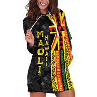 Hawaii Maoli Spirit Hoodie Dress Kakau Pattern With Flower Lei LT05 Black - Polynesian Pride