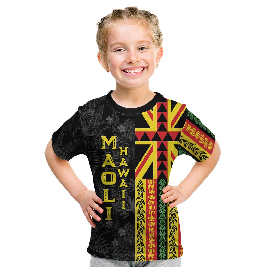 Hawaii Maoli Spirit Kid T Shirt Kakau Pattern With Flower Lei LT05 Black - Polynesian Pride