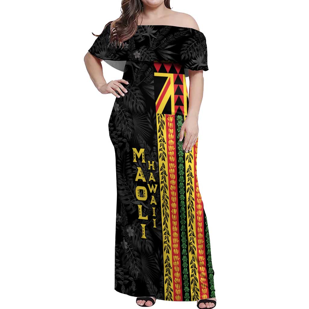 Hawaii Maoli Spirit Off Shoulder Maxi Dress Kakau Pattern With Flower Lei LT05 Women Black - Polynesian Pride
