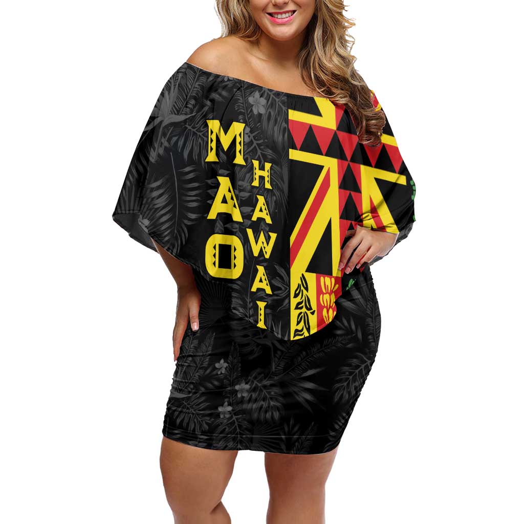 Hawaii Maoli Spirit Off Shoulder Short Dress Kakau Pattern With Flower Lei LT05 Women Black - Polynesian Pride
