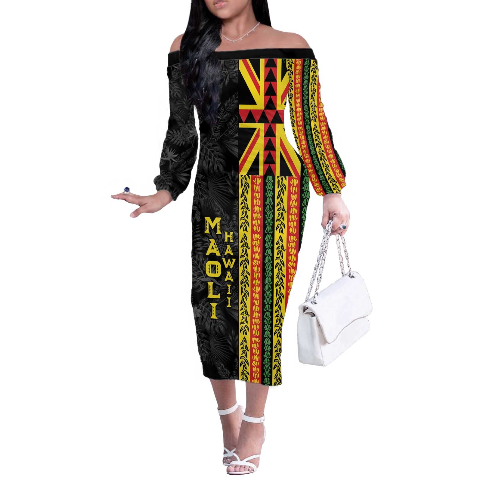 Hawaii Maoli Spirit Off The Shoulder Long Sleeve Dress Kakau Pattern With Flower Lei LT05 Women Black - Polynesian Pride