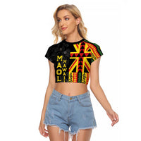 Hawaii Maoli Spirit Raglan Cropped T Shirt Kakau Pattern With Flower Lei LT05 Female Black - Polynesian Pride