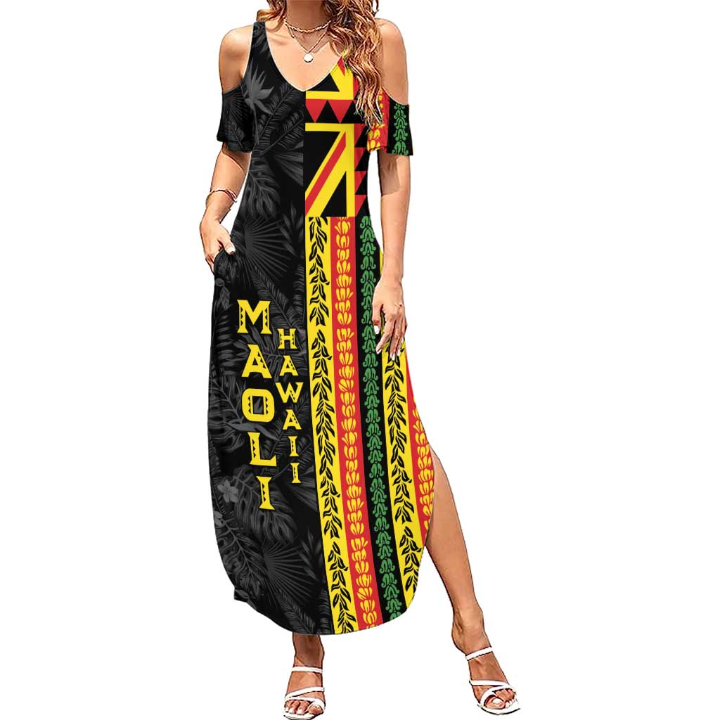 Hawaii Maoli Spirit Summer Maxi Dress Kakau Pattern With Flower Lei LT05 Women Black - Polynesian Pride
