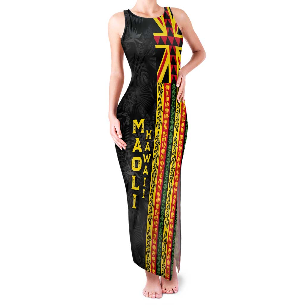 Hawaii Maoli Spirit Tank Maxi Dress Kakau Pattern With Flower Lei LT05 Women Black - Polynesian Pride