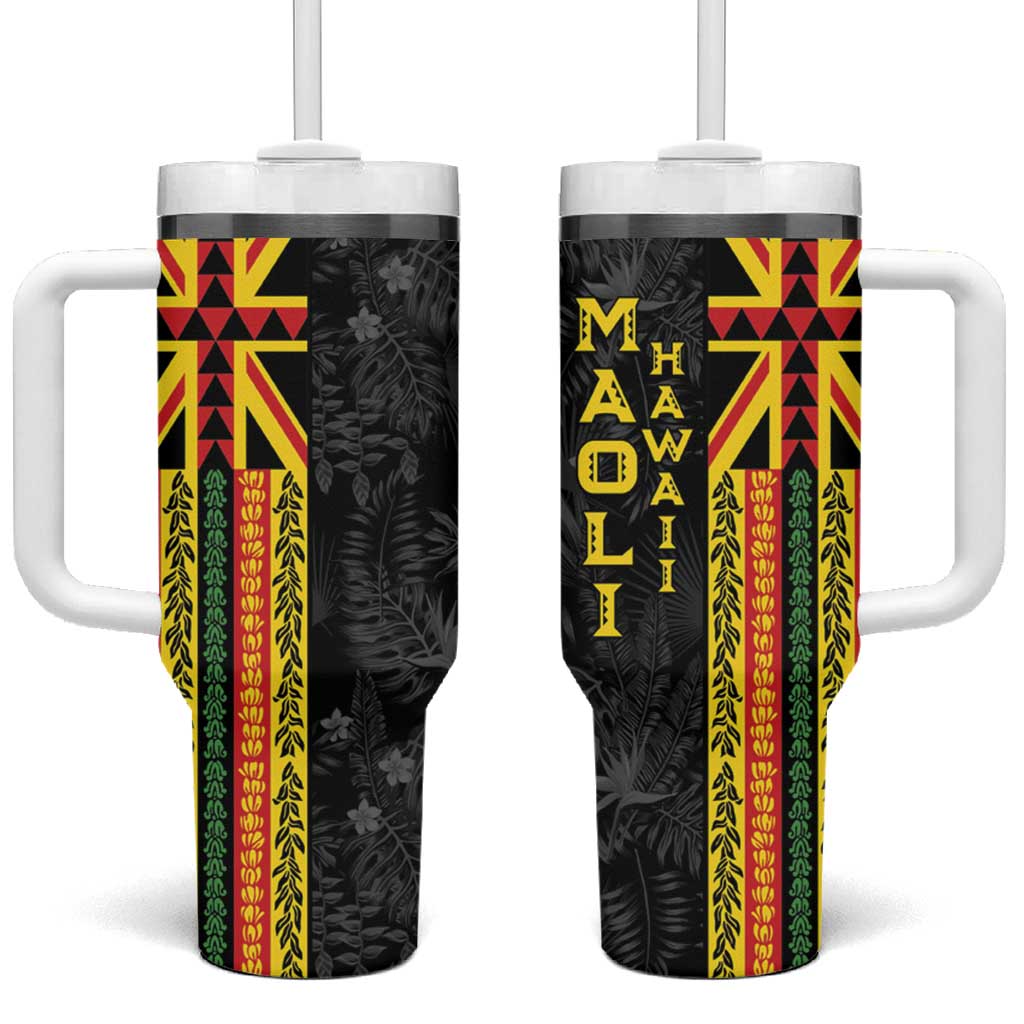 Hawaii Maoli Spirit Tumbler With Handle Kakau Pattern With Flower Lei LT05 One Size: 40 oz Black - Polynesian Pride