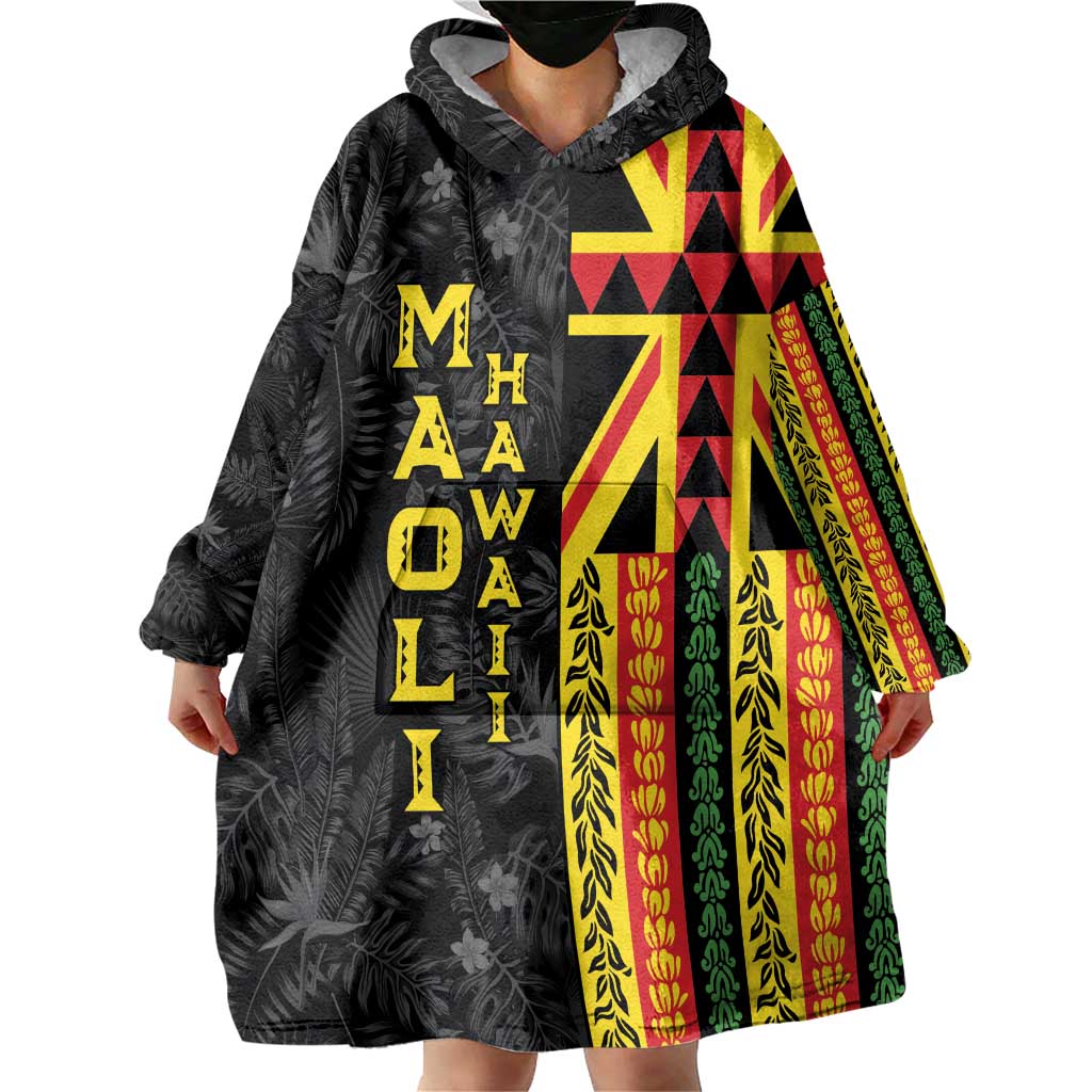 Hawaii Maoli Spirit Wearable Blanket Hoodie Kakau Pattern With Flower Lei - Polynesian Pride