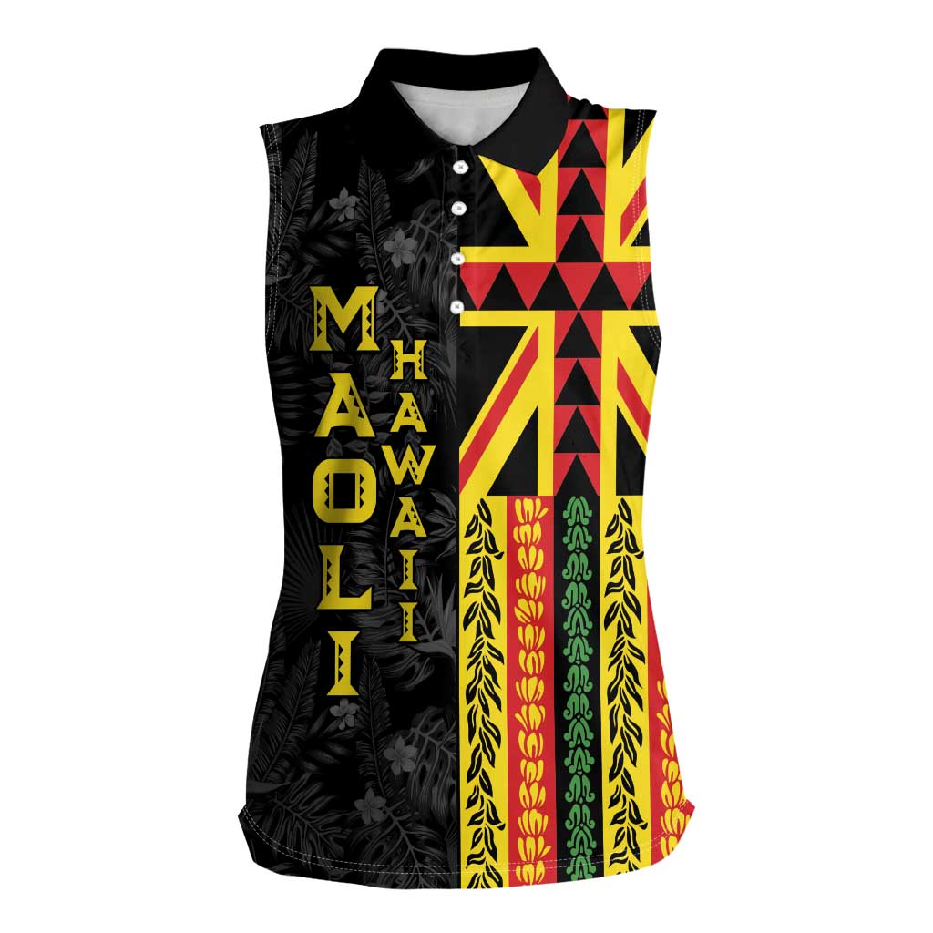 Hawaii Maoli Spirit Women Sleeveless Polo Shirt Kakau Pattern With Flower Lei LT05 Female Black - Polynesian Pride