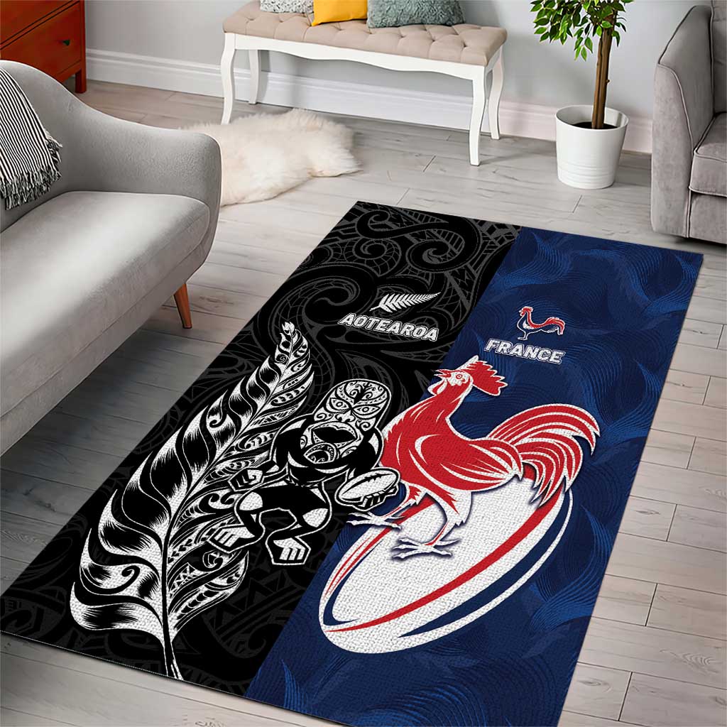 France And New Zealand Rugby Area Rug Les Bleus Rooster With Maori Tiki LT05 - Polynesian Pride