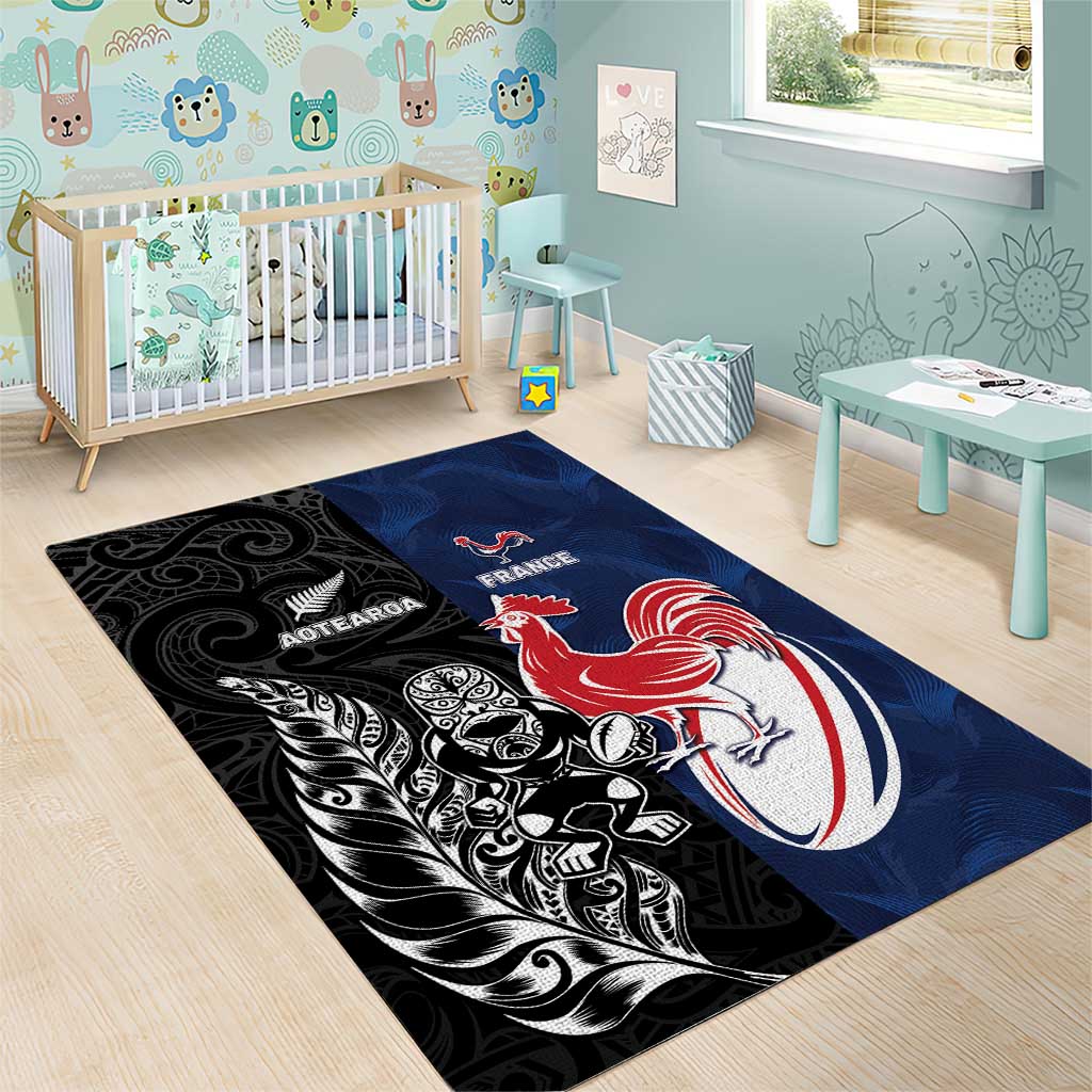 France And New Zealand Rugby Area Rug Les Bleus Rooster With Maori Tiki LT05 - Polynesian Pride