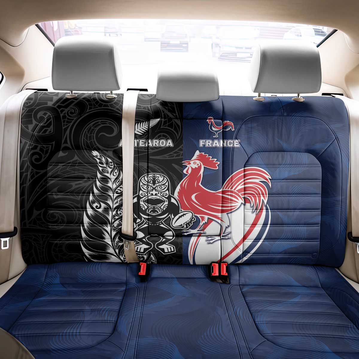 France And New Zealand Rugby Back Car Seat Cover Les Bleus Rooster With Maori Tiki - Polynesian Pride