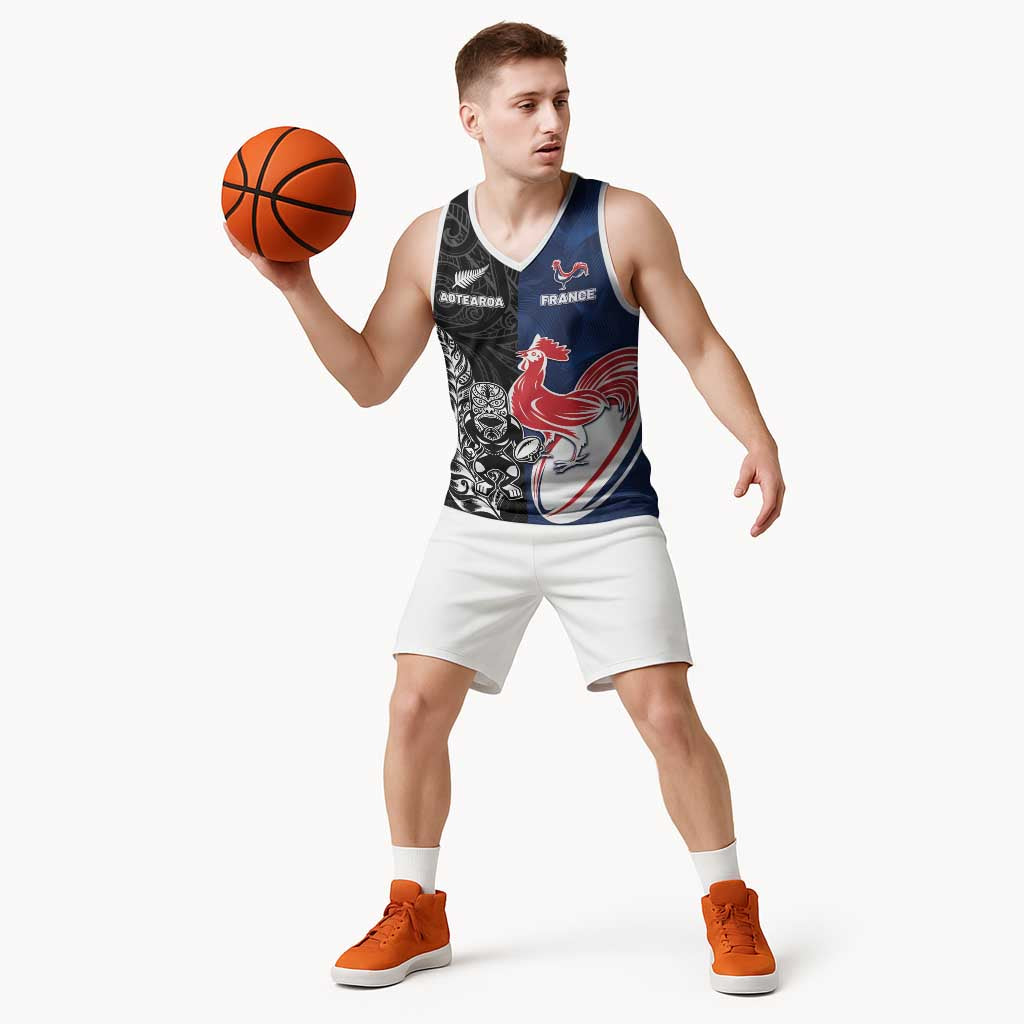 France And New Zealand Rugby Custom Basketball Jersey Les Bleus Rooster With Maori Tiki - Polynesian Pride