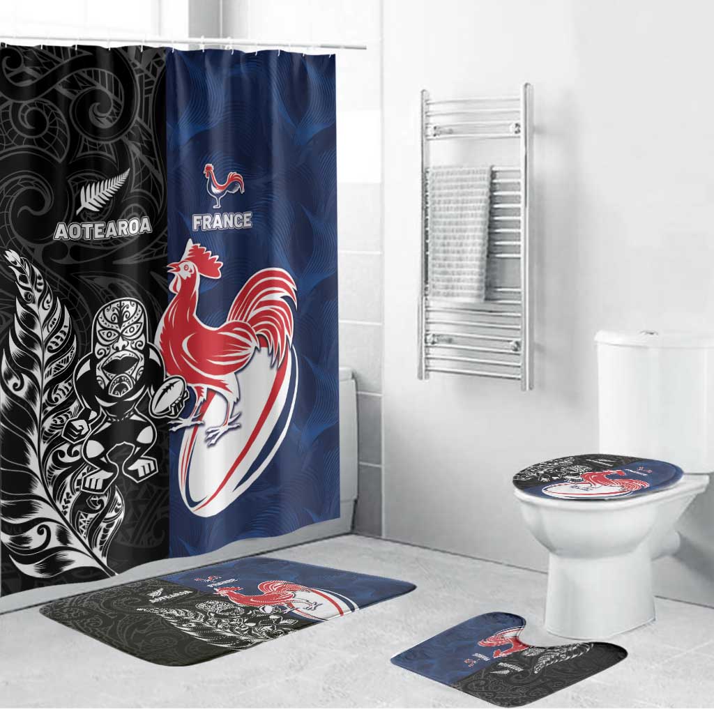 France And New Zealand Rugby Bathroom Set Les Bleus Rooster With Maori Tiki LT05 Bathroom Set (4 pcs) Black - Polynesian Pride