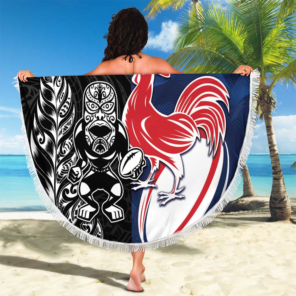 France And New Zealand Rugby Beach Blanket Les Bleus Rooster With Maori Tiki LT05 - Polynesian Pride