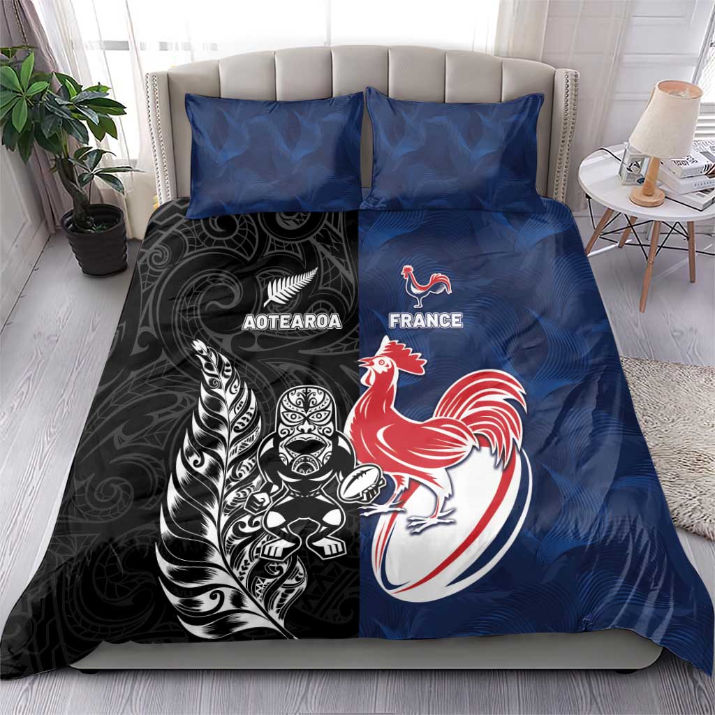 France And New Zealand Rugby Bedding Set Les Bleus Rooster With Maori Tiki - Polynesian Pride